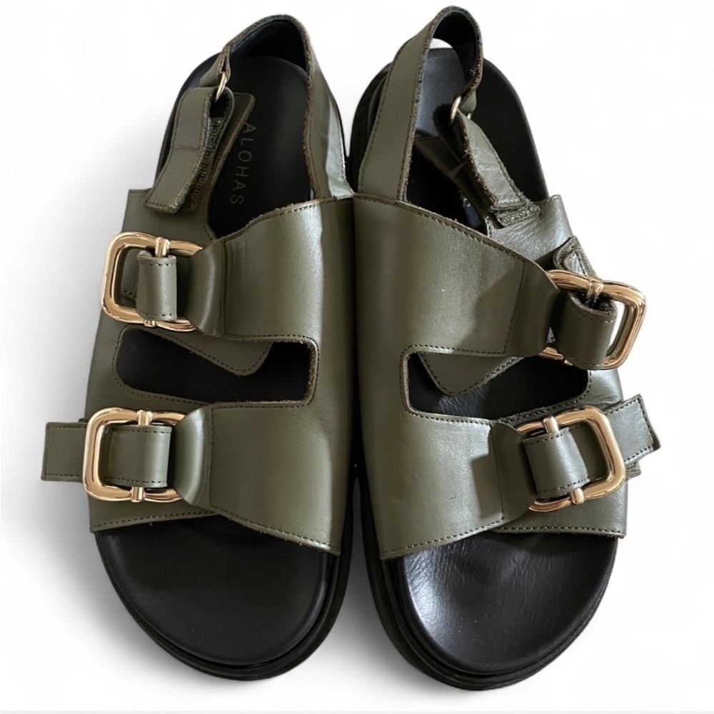 ALOHAS Olive Green Buckle Slingback Sandals with Gold Hardware